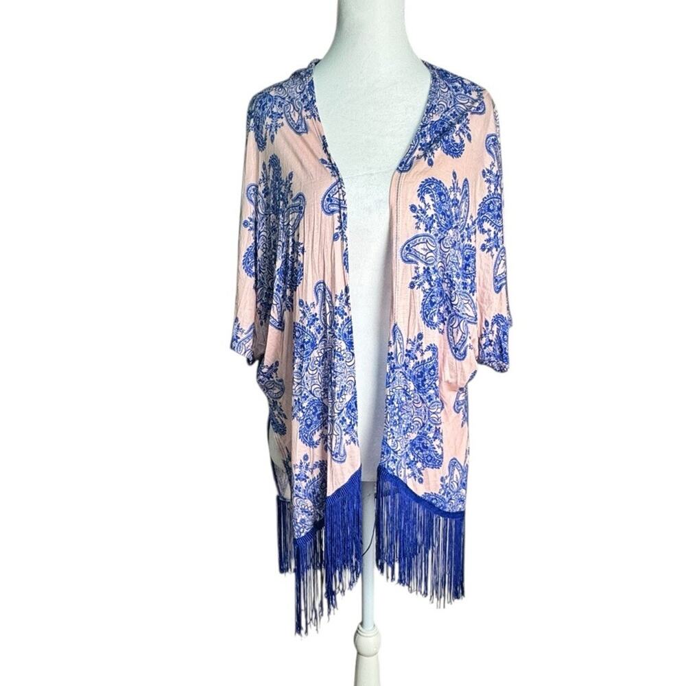 Boho Chic Womens Y2K Blue Paisley Fringe Kimono Cardigan Festival Hippie Small